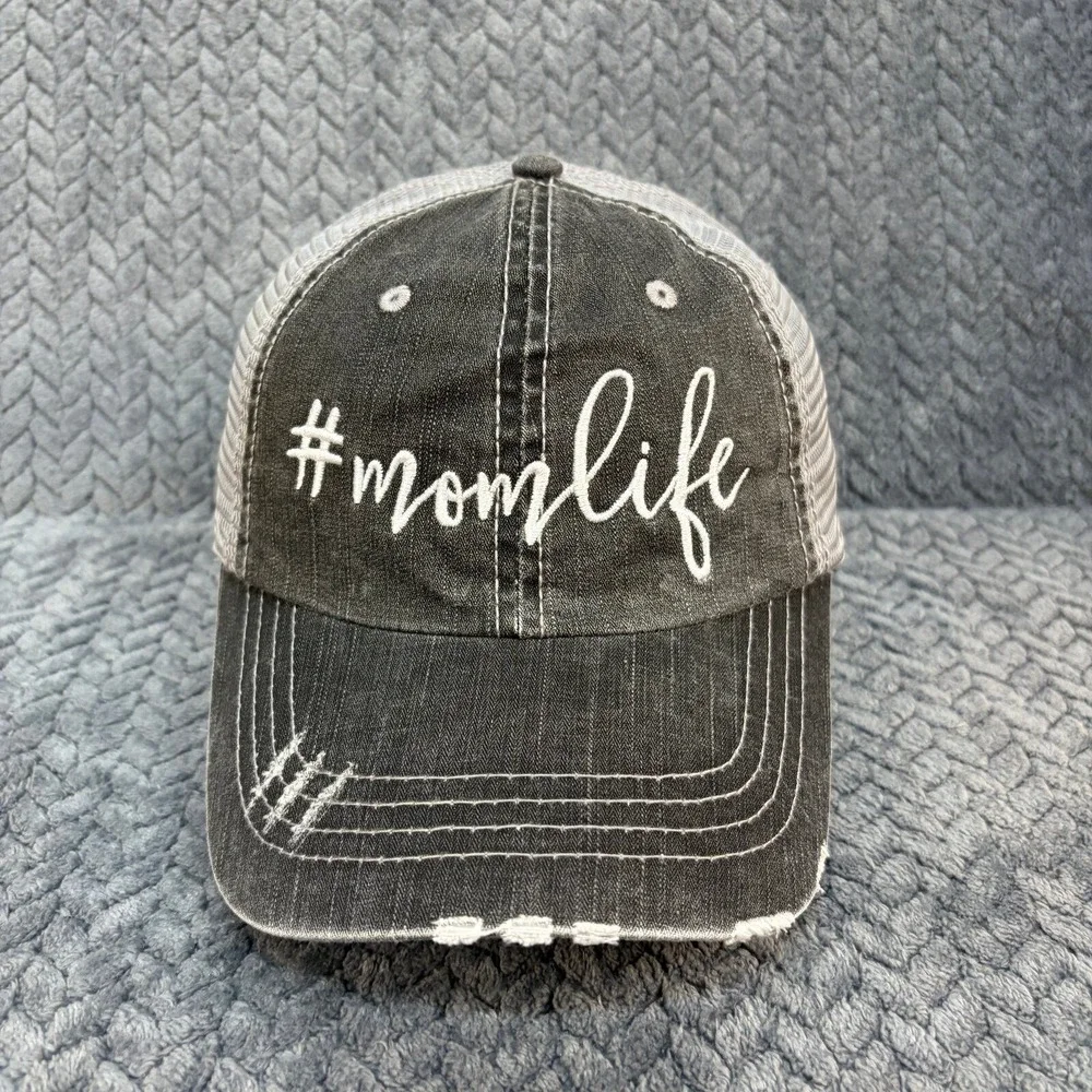 Unbranded #Momlife Snapback OS Washed Black Denim Grey Mesh Trucker Hat